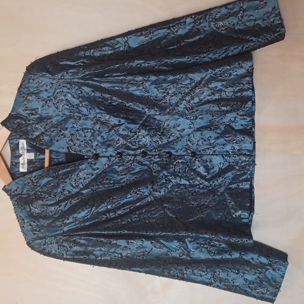 Marie St. Claire Blue And Black Beaded Button Up Long Sleeve Statement Jacket